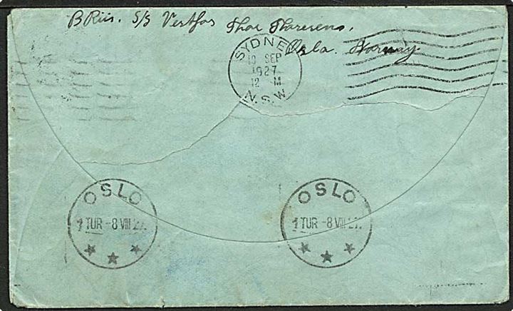 Engelsk 2½d George V på brev fra Manchester d. 5.8.1927 til norsk skib S/S Tourcoing via Wilh. Wilhelmsen Line i Oslo, Norge - eftersendt til Sydney og Port Pirie, Australien. Fra sømand ombord på S/S Vestfos.