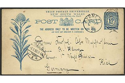 New South Wales 1½d helsagsbrevkort stemplet Sydney d. 27.11.1891 til marineadresse i Kiel, Tyskland. Fra tyske krydser SMS Bussard i Sydney. 