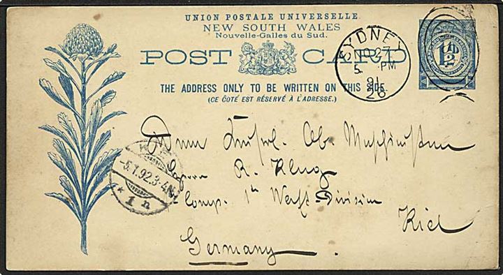 New South Wales 1½d helsagsbrevkort stemplet Sydney d. 27.11.1891 til marineadresse i Kiel, Tyskland. Fra tyske krydser SMS Bussard i Sydney. 