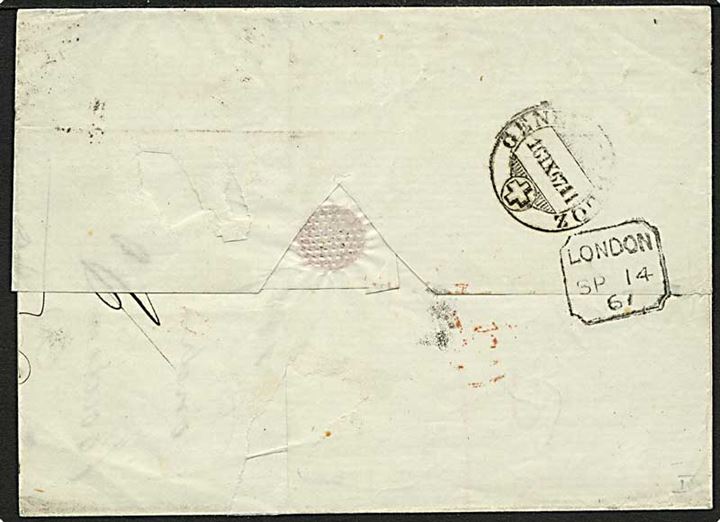 1d og 4d Victoria på brev annulleret med nr.stempel 48 fra London d. 14.9.1867 via Calais til Genéve, Schweiz.