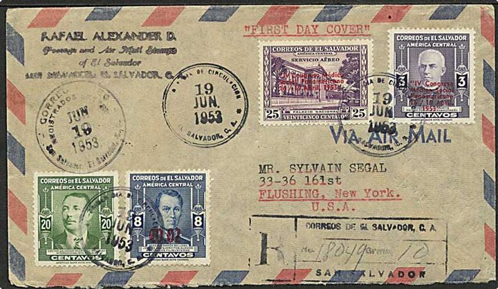 IV Panamerikanske Social Medicin Kongres 1953 på anbefalet luftpost FDC fra San Salvador d. 19.6.1953 til USA.