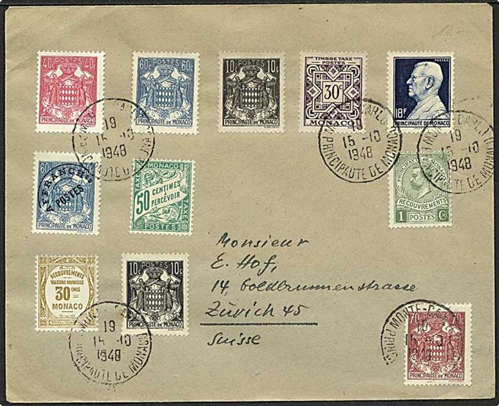 Blandingsfrankeret brev stemplet Monte Carlo d. 15.10.1948 til Zürich, Schweiz.