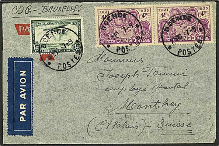 9,50 fr. frankeret luftpostbrev fra Boende  d. 29.10.1937 via Paris til Manthey, Schweiz.