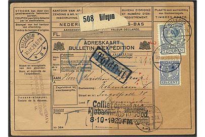 12½ cent og 1 gylden Wilhelmina på internationalt adressekort for pakke fra Hillegom d. 30.9.1929 via Rheine og Flensburg til København, Danmark.