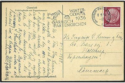15 pfg. Hindenburg på brevkort annulleret med TMS fra Garmisch-Partenkirchen Winterolympia 1936 d. 8.9.1934 til Hellerup, Danmark.