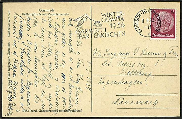 15 pfg. Hindenburg på brevkort annulleret med TMS fra Garmisch-Partenkirchen Winterolympia 1936 d. 8.9.1934 til Hellerup, Danmark.