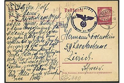 15 pfg. Hindenburg helsagsbrevkort fra Mainz d. 5.4.1941 til Zürich, Schweiz. Tysk censur.