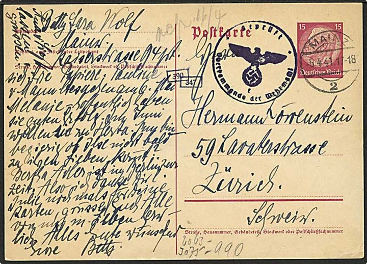 15 pfg. Hindenburg helsagsbrevkort fra Mainz d. 5.4.1941 til Zürich, Schweiz. Tysk censur.