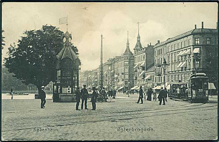 Købh., Østerbrogade med telefonkiosk og sporvogn linie “4” vogn “524”. Stenders no. 3851. Kvalitet 7