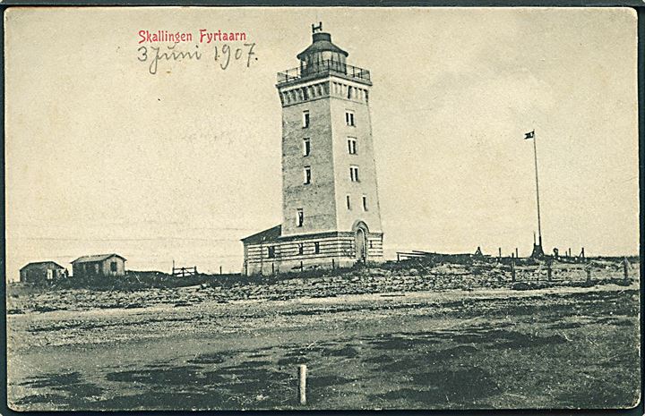 Skallingen fyr. Fyrtårnet var kun i drift fra 1903-09, hvor det blev ødelagt af en stormflod. Warburg no. 1234. Kvalitet 7