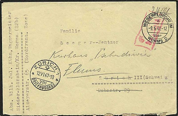 Ufrankeret brev påskrevet 24 pfg. og stemplet Gebühr bezahlt fra Niederflörscheim über Worms d. 9.6.1947 til Zürich, Schweiz - eftersendt.