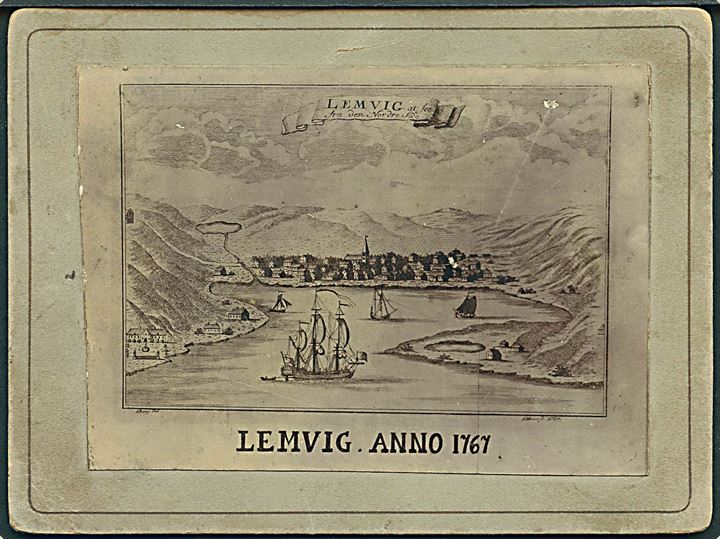 Lemvig, byen set fra nord anno 1767. Fra  Pontoppidans Danske Atlas. Fotografi på kartonkort. 9x12 cm. U/no. Kvalitet 7