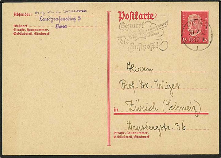 15 pfg. Hindenburg helsagsbrevkort fra Jena d. 20.7.1932 til Zürich, Schweiz.