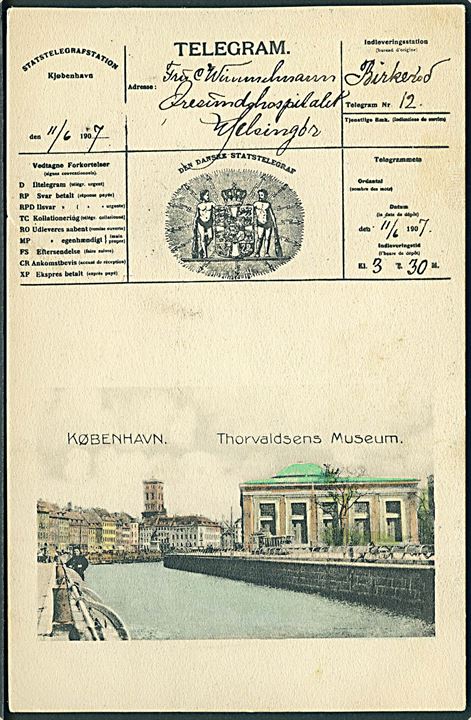 Købh., Vindebrogade med Thorvaldsens Museum. Telegramhilsen. Stenders no. 7844. Kvalitet 8