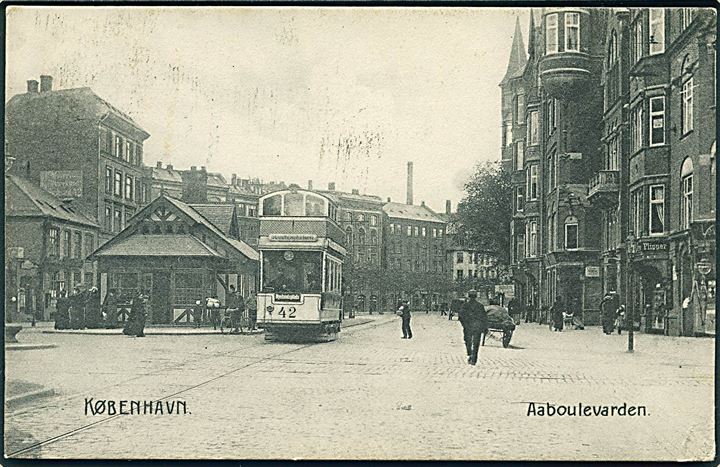 Købh., Aaboulevarden med sporvogn no. “42”. Stenders no. 3181. Kvalitet 8