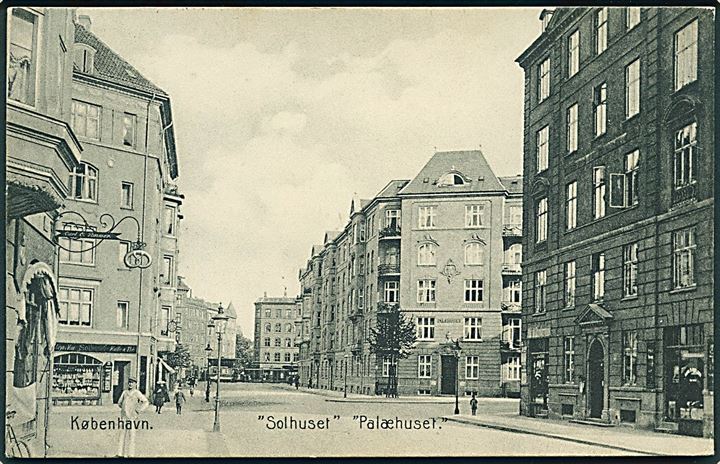 Købh., Sankt Jakobsgade og Ribegade med “Solhuset” og “Palæhuset”. Stenders no. 10675. Kvalitet 9