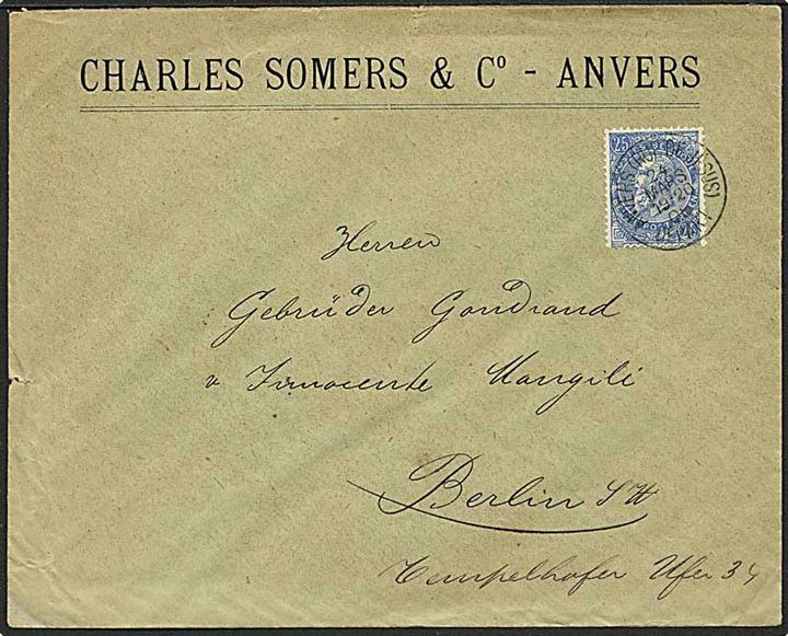 25 c. Leopold II single på brev fra Anvers d. 24.3.1905 til Berlin, Tyskland.