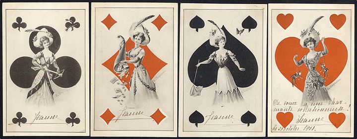Spillekort. 4 kvinder med Hjerter, Spar, Ruder og Klør. Tegnet af E. Schienol. 4 kort anvendt i Belgien. Kvalitet 9