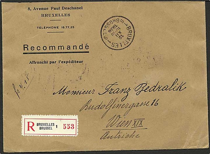 Komplet sæt Tuberkulose velgørenhed på bagsiden af anbefalet brev fra Bruxelles d. 12.12.1936 til Wien, Østrig.