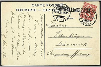 10 c. single på brevkort annulleret med Ambulant No. 21 d. 16.12.1906 og sidestemplet Wallenstadt til Hellerup, Danmark.