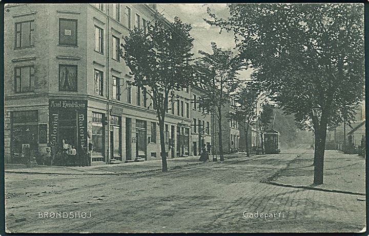 Brøndshøj, Frederikssundsvej ved Tuxensvej med sporvogn linie 9. Stenders no. 3226. Stjernestempel Brøndshøj. Kvalitet 7