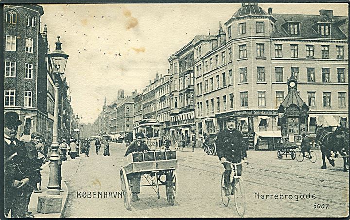 Købh., Nørrebrogade med telegramkiosk og sporvogn linie 7 vogn 32. No. 6007. Kvalitet 7