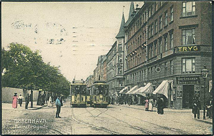 Købh., Nørrebrogade ved Peter Fabers Gade med sporvogne linie 7 vogn 84 og 141. Stenders no. 3873. Kvalitet 8