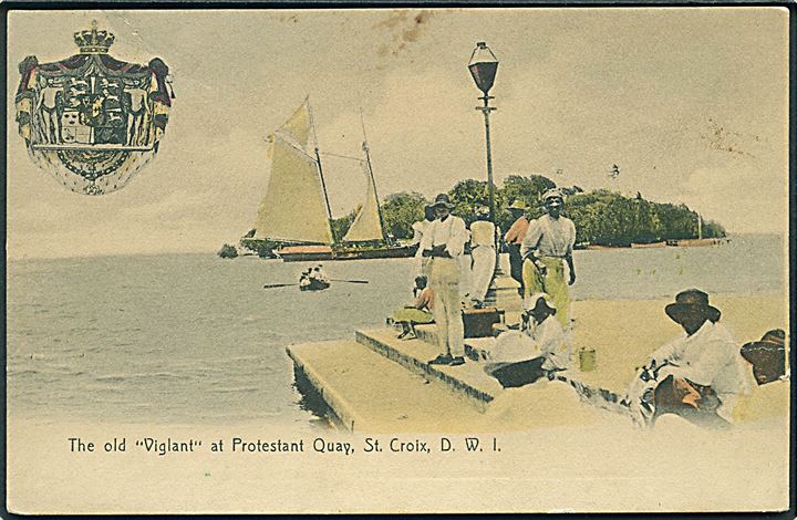 D.V.I., St. Croix, Christiansted, Protestant Quay med “Viglant” i baggrunden. Lightbourn St. Croix no. 29. Kvalitet 7