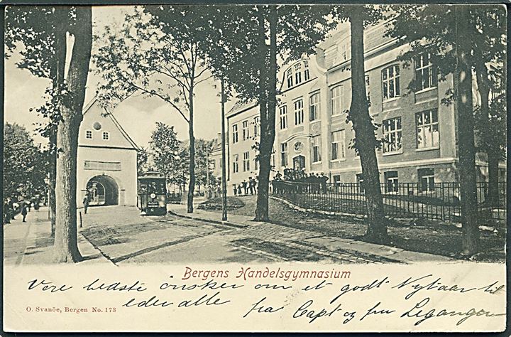 Bergen, Handelsgymnasium med sporvogn. O. Svanöe no. 173. Bureau de Mer de Norvege Bergen-Newcastle.  Kvalitet 8