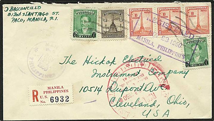36 c. blandingsfrankeret anbefalet brev fra Manila d. 22.11.1950 til Cleveland, USA.
