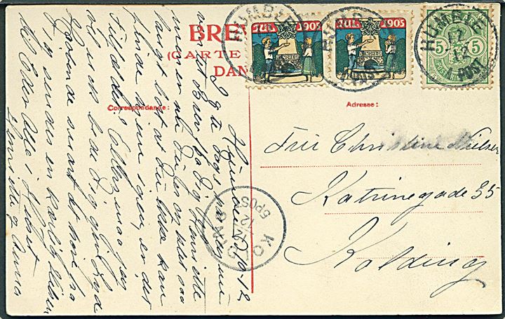 Humble postkontor. C. Jessen-Tusch u/no. 5 øre Våben og Julemærke 1905 stemplet lapidar Humble. Kvalitet 9