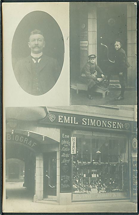 Aalborg, Bispensgade 16 med Emil Simonsens skotøjs-forretning og indg. til “City Biografen”. Fotokort u/no. Kvalitet 9