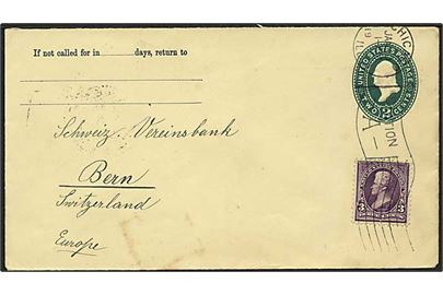 2 cents helsagskuvert opfrankeret med 3 cents fra Chicago d. 10.1.1900 til Bern, Schweiz.