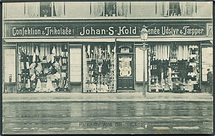 Købh., Falkoner Alle 58 med facade af Johan S. Kold’s Confektion & Trikotage forretning. F.C.M. no. 530. Kvalitet 8