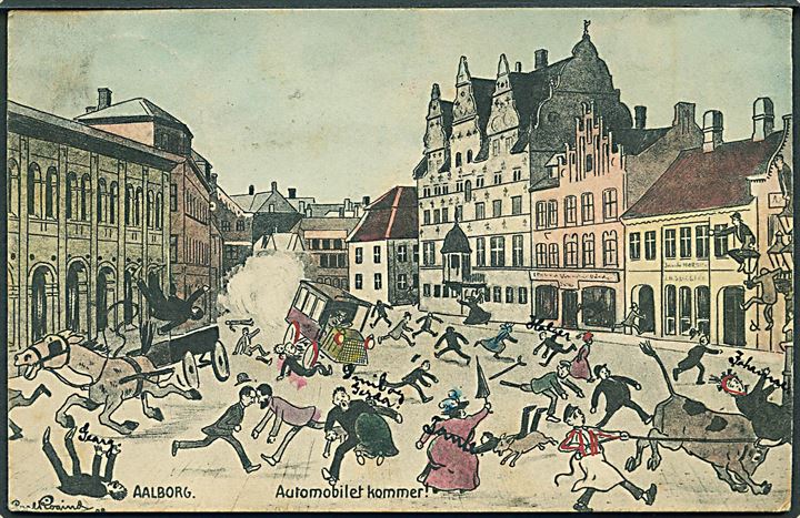 Aalborg, “Automobilet kommer!”. Tegnet af Carl Røgind. Stenders no. 13591. Kvalitet 7