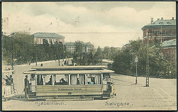Købh., Sølvgade med sporvogn linie 4 vogn 318. Johs. Koren no. 21. Kvalitet 9