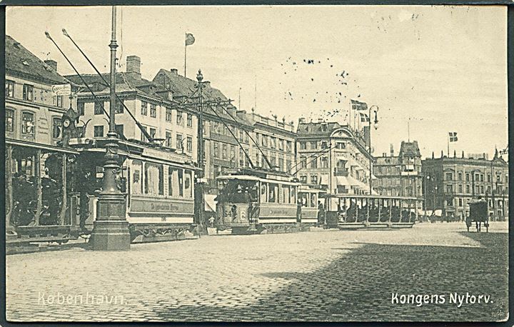 Købh., Kongens Nytorv med sporvogne linie 6 vogn 196 og 64. A. Vincent no. 143. Kvalitet 8