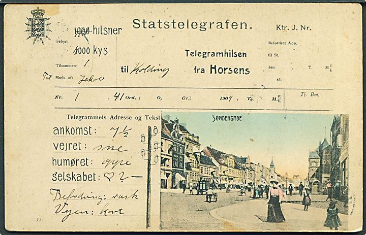 Horsens, Telegramhilsen med Søndergade. A. Vincent no. 551. Kvalitet 7