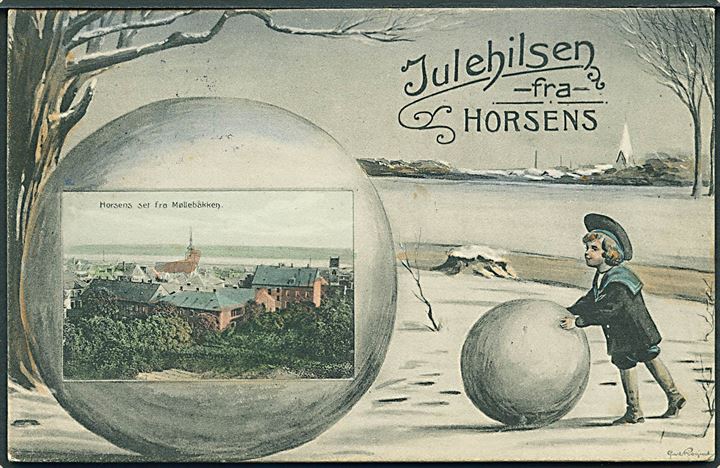 Horsens, Julehilsen med udsigt fra Møllebakken. Tegnet af Carl Røgind. Stenders no. 12207. Kvalitet 8