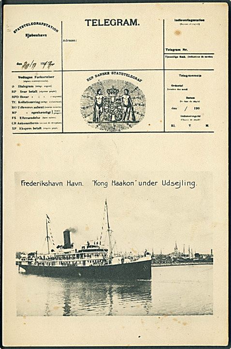 “Kong Haakon”, S/S, DFDS, ved Frederikshavn. Telegramhilsen. S. Engsig no. 9488. Kvalitet 7
