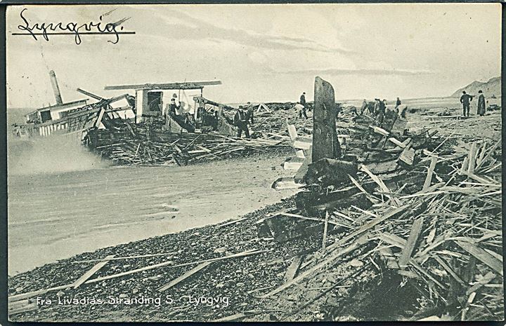 “Livadia”, russisk 3-mastet skonnert af Riga strandet ved Sønder Lyngvig d. 14.12.1910. L. Lind u/no. Kvalitet 7