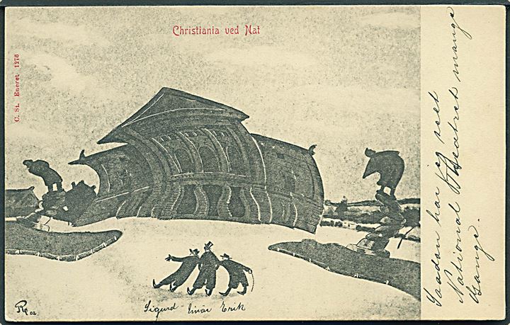 Christiania “ved Nat” med Nationalteatret. Tegnet af Carl Røgind. Stenders no. 1276. Kvalitet 8