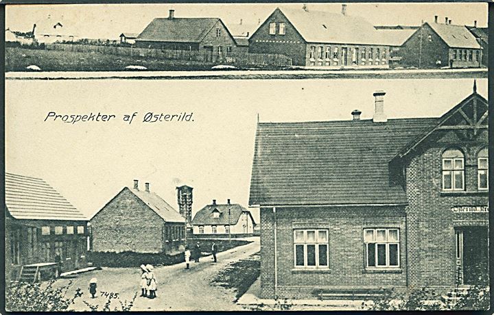 Østerild, kro og station med vandtårn i baggrunden. Thisted-Fjerritslev Jernbane. No. 7485. Kvalitet 8