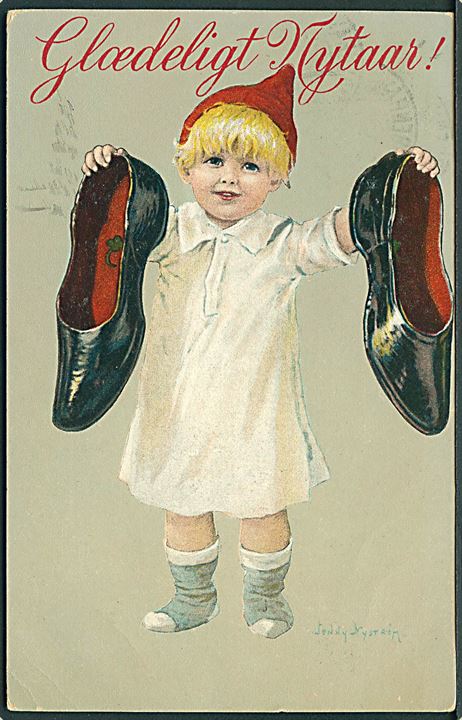 Nyström, Jenny: “Barn med sko”. Gjædeligt Nytaar!. V. P. no. 134.  Kvalitet 7