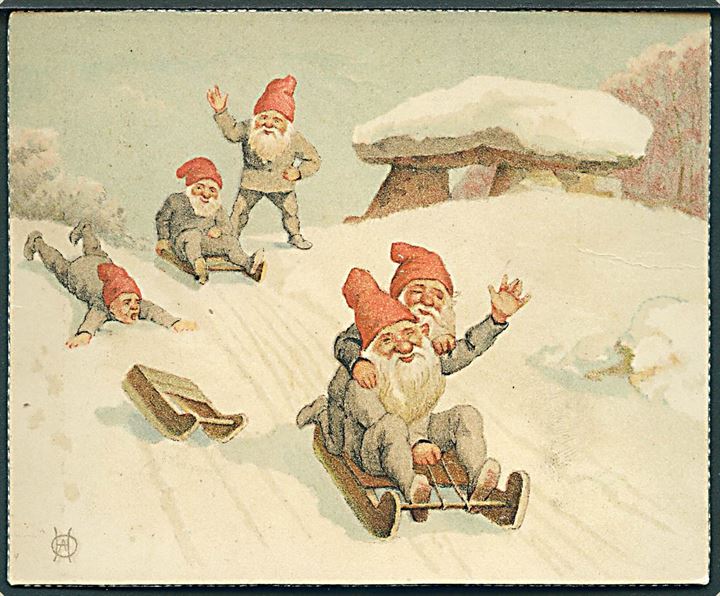 Hermansen, Oluf: “Kælkende nisser ved kæmpehøj”. Kartonkort med sølvkant. L.D.K. Dateret 24.12.1894. Kvalitet 9