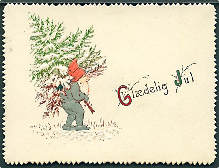 Nisse med juletræ. “Glædelig Jul”. Kartonkort med prægetryk. No. 001. Kvalitet 9