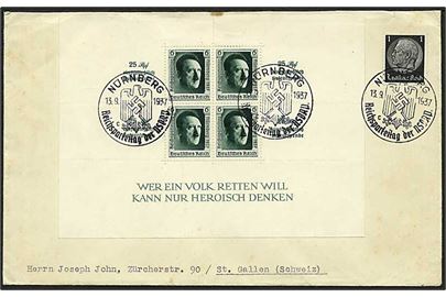 6+19 pfg. Reichparteitag 1937 blok-udg. og 1 pfg. Hindenburg på brev annulleret med særstempel Nürnberg d. 13.9.1937 til St. Gallen, Schweiz. AFA: 700 kr. for blok.