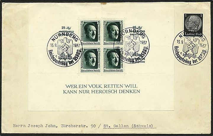 6+19 pfg. Reichparteitag 1937 blok-udg. og 1 pfg. Hindenburg på brev annulleret med særstempel Nürnberg d. 13.9.1937 til St. Gallen, Schweiz. AFA: 700 kr. for blok.