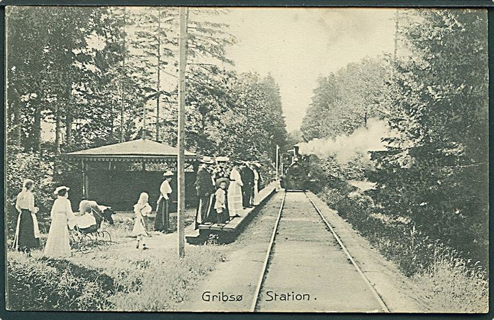 Gribsø station (trinbræt) med damplokomotiv. Stenders no. 6262. Kvalitet 9