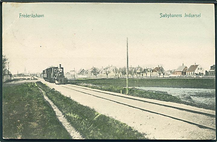 Frederikshavn, Sæbybanens indkørsel med tog. P. Alstrup no. 2089. Kvalitet 8